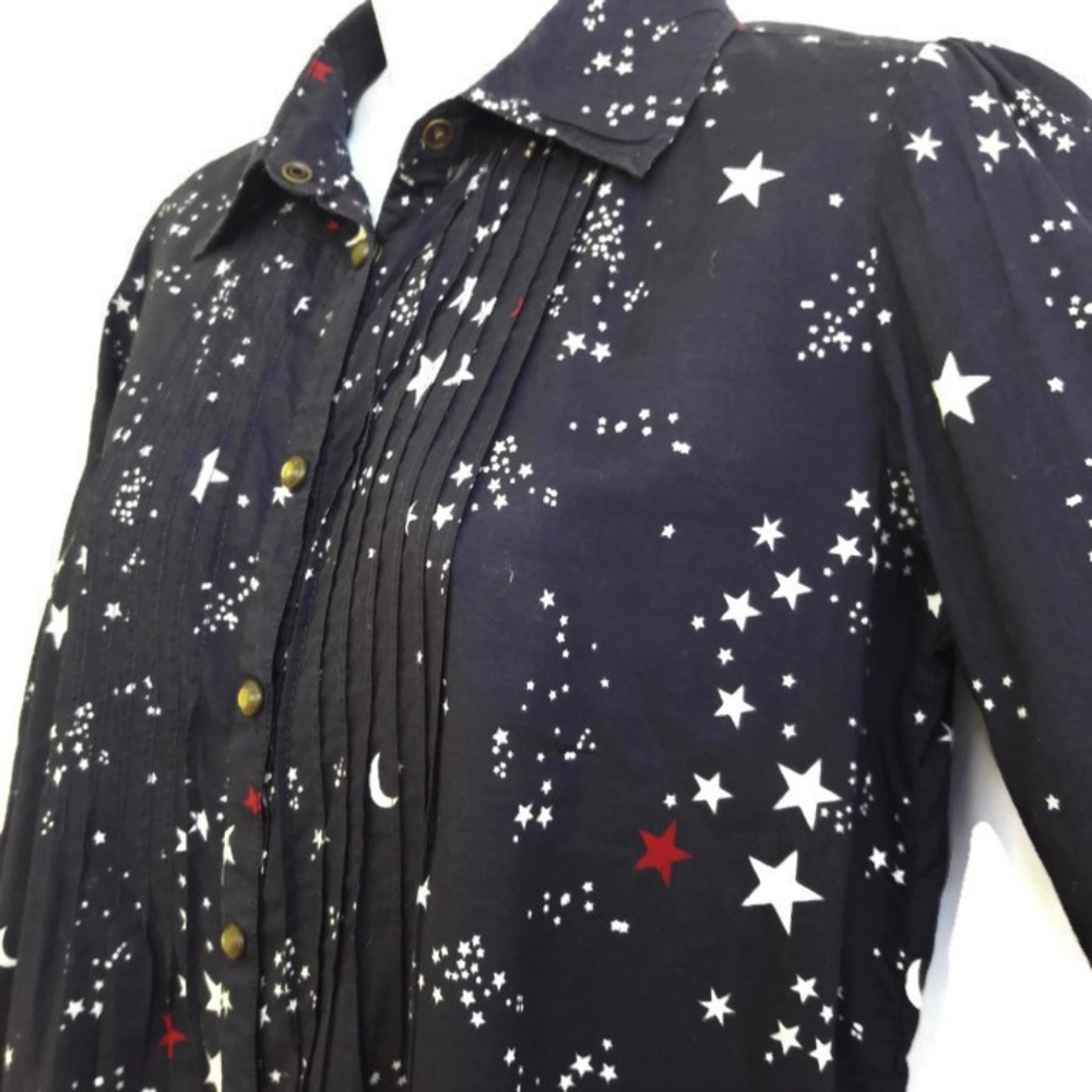 Maison Scotch Shirt Dress White Red Blue Patriotic Stars Pintuck Long Sleeve S M